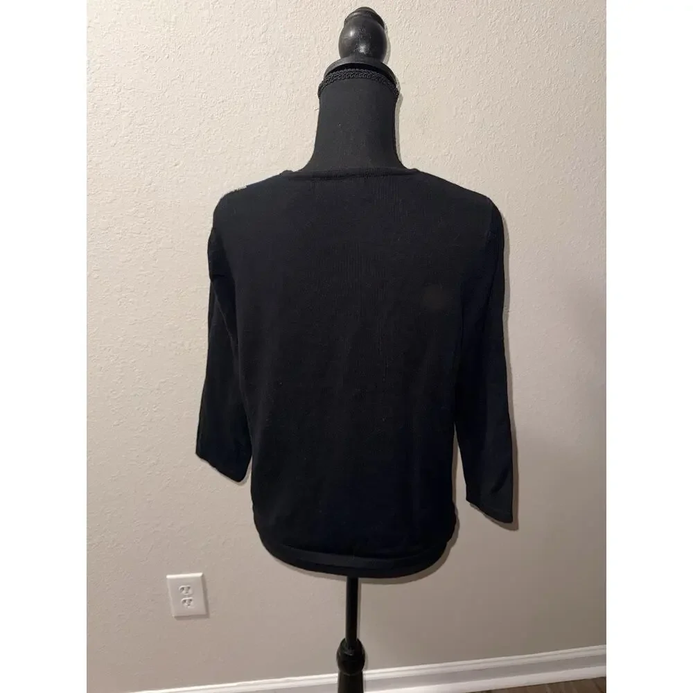 Alfred Dunner Petite Medium PM Sweater Blue Black White Colorblock Rhinestone